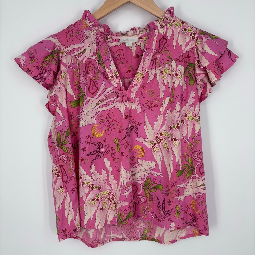Jennifer & Grace Pink Floral Flutter Sleeve V-Neck Ruffle Top Women Size S Boho